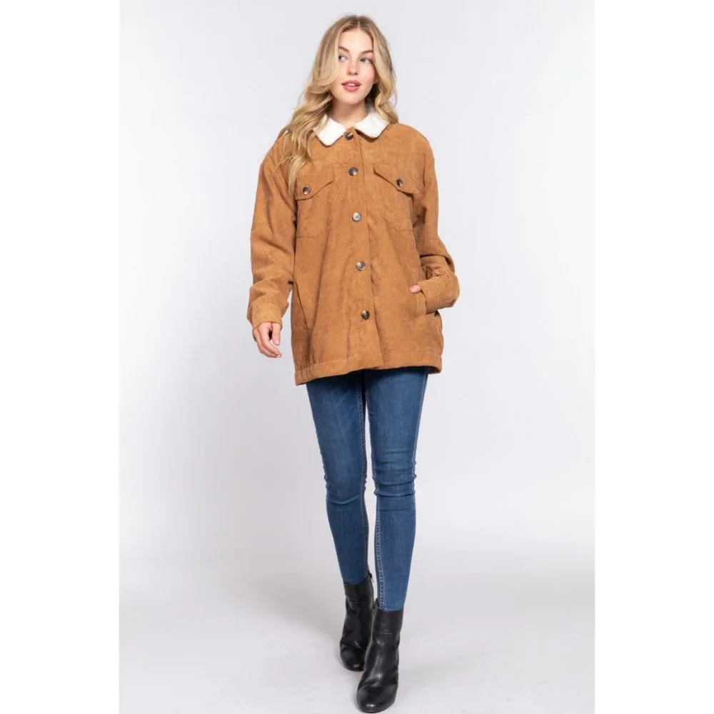 Camel Long Sleeve Inside Faux Fur with Pocket Corduroy Sherpa Jacket NWT - Picture 6 of 7